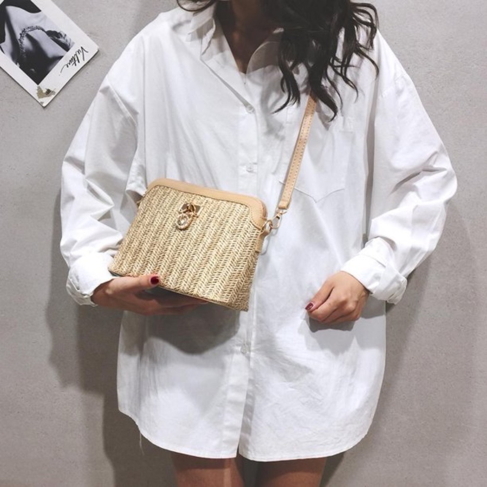 Straw and Vegan Leather Trim Boho Crossbody - Picture 2 of 7